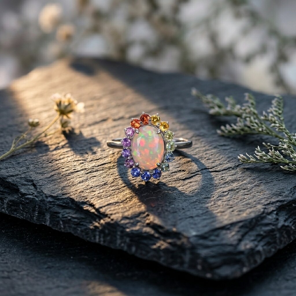 Oval Opal Engagement Ring, 14k Solid Gold Multi Sapphire Wedding Band