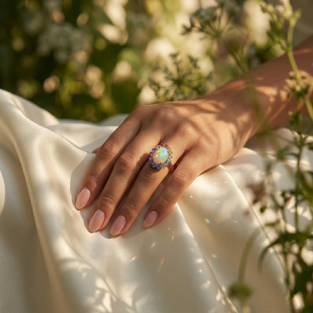 Oval Opal Engagement Ring, 14k Solid Gold Multi Sapphire Wedding Band