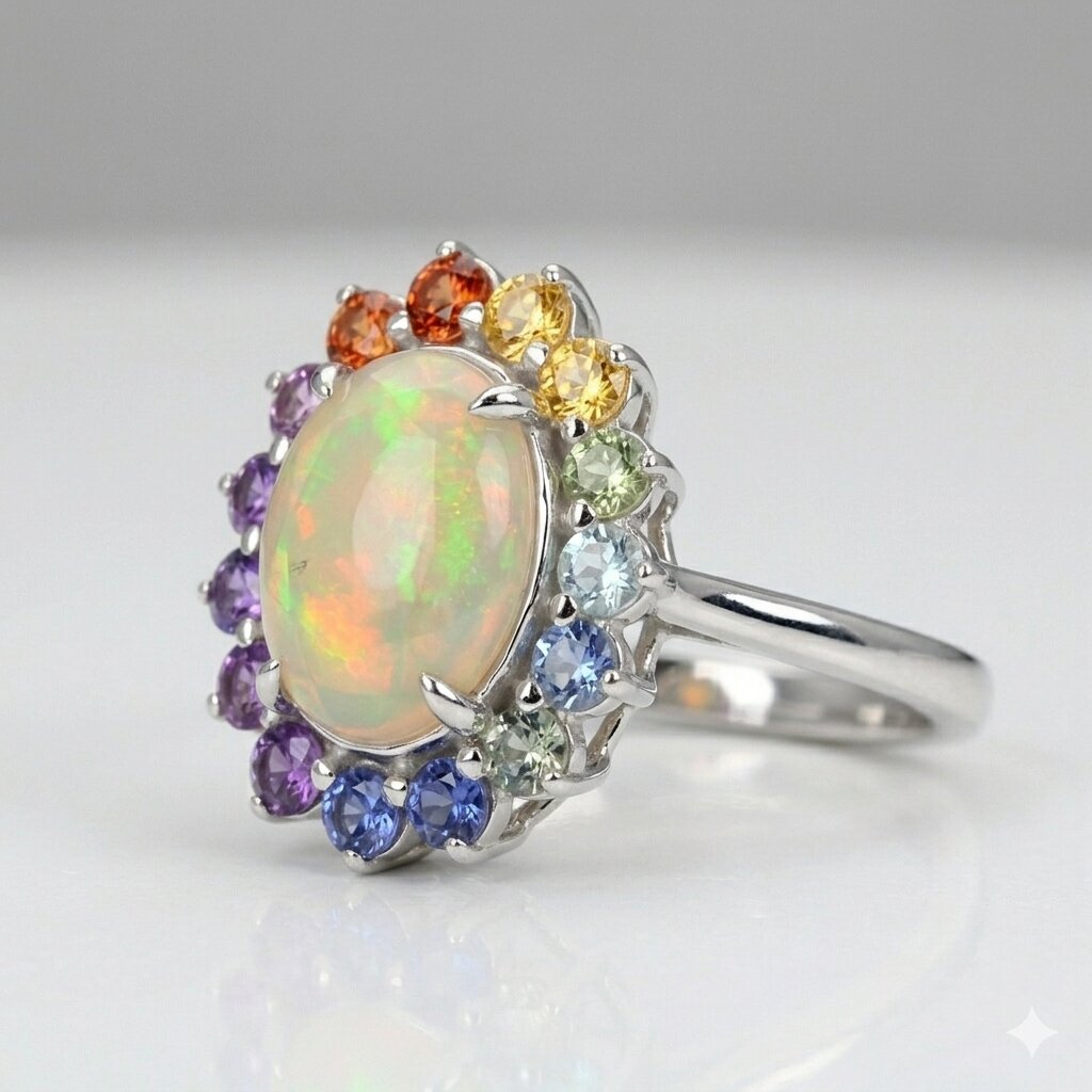 Oval Opal Engagement Ring, 14k Solid Gold Multi Sapphire Wedding Band