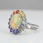 Oval Opal Engagement Ring, 14k Solid Gold Multi Sapphire Wedding Band