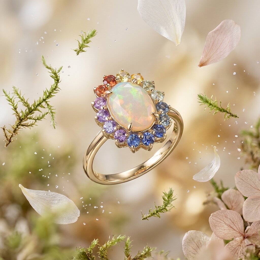 Oval Opal Engagement Ring, 14k Solid Gold Multi Sapphire Wedding Band