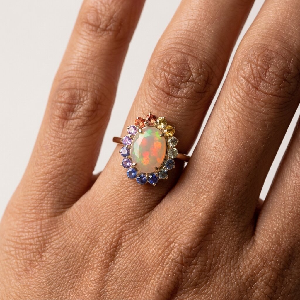 Oval Opal Engagement Ring, 14k Solid Gold Multi Sapphire Wedding Band