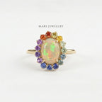 Oval Opal Engagement Ring, 14k Solid Gold Multi Sapphire Wedding Band