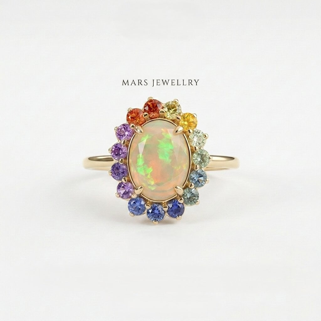 Oval Opal Engagement Ring, 14k Solid Gold Multi Sapphire Wedding Band