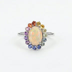 Oval Opal Engagement Ring, 14k Solid Gold Multi Sapphire Wedding Band
