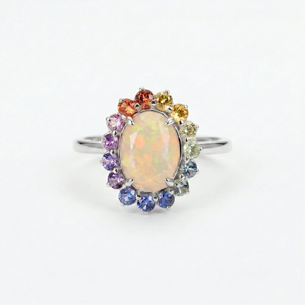 Oval Opal Engagement Ring, 14k Solid Gold Multi Sapphire Wedding Band
