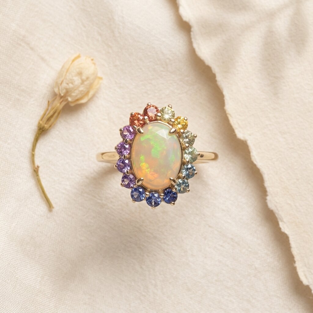 Oval Opal Engagement Ring, 14k Solid Gold Multi Sapphire Wedding Band