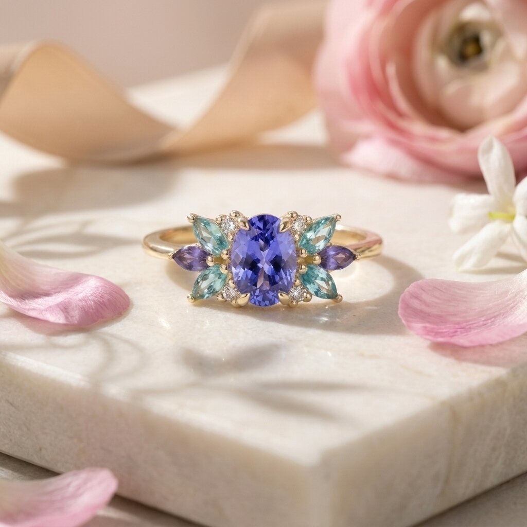 14k Solid Gold Oval Tanzanite Aquamarine Marquise Ring Anniversary Gift