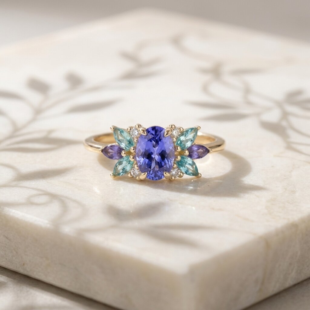 14k Solid Gold Oval Tanzanite Aquamarine Marquise Ring Anniversary Gift