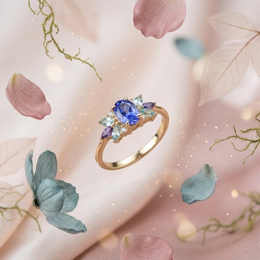 14k Solid Gold Oval Tanzanite Aquamarine Marquise Ring Anniversary Gift