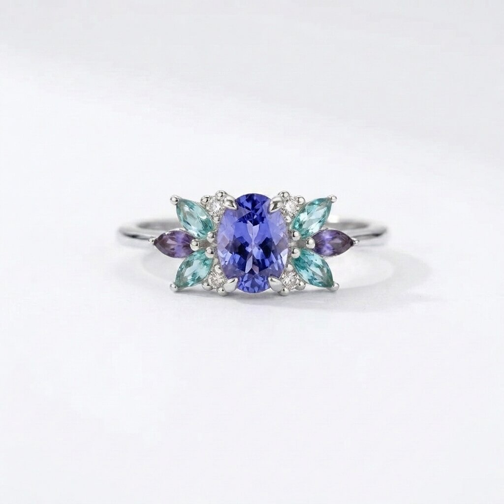 14k Solid Gold Oval Tanzanite Aquamarine Marquise Ring Anniversary Gift