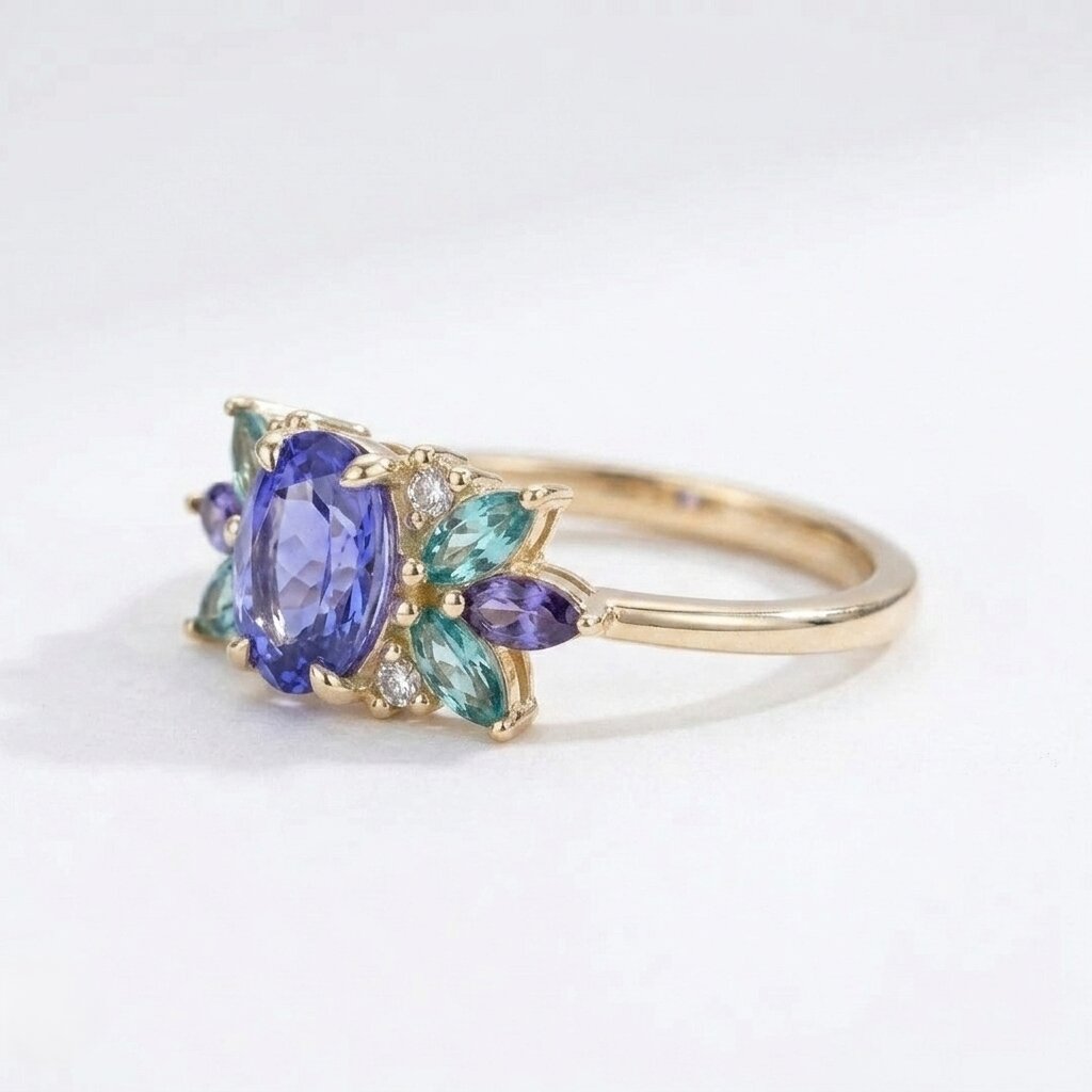14k Solid Gold Oval Tanzanite Aquamarine Marquise Ring Anniversary Gift