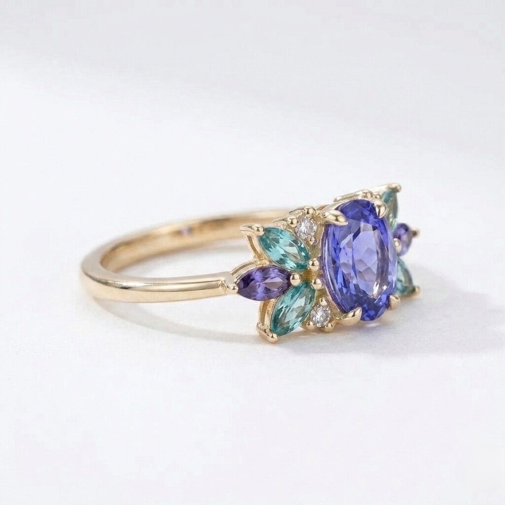 14k Solid Gold Oval Tanzanite Aquamarine Marquise Ring Anniversary Gift
