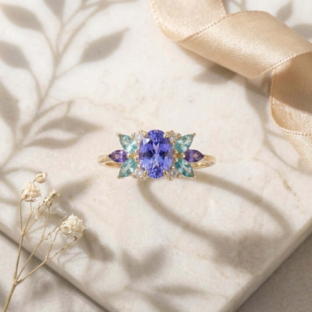 14k Solid Gold Oval Tanzanite Aquamarine Marquise Ring Anniversary Gift