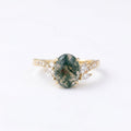14k Solid Gold Oval-Cut Moss Agate Engagement Ring, Nature Inspired Ring, Diamond Leaf Promise Ring, Wedding Ring