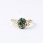 14k Solid Gold Oval-Cut Moss Agate Engagement Ring, Nature Inspired Ring, Diamond Leaf Promise Ring, Wedding Ring