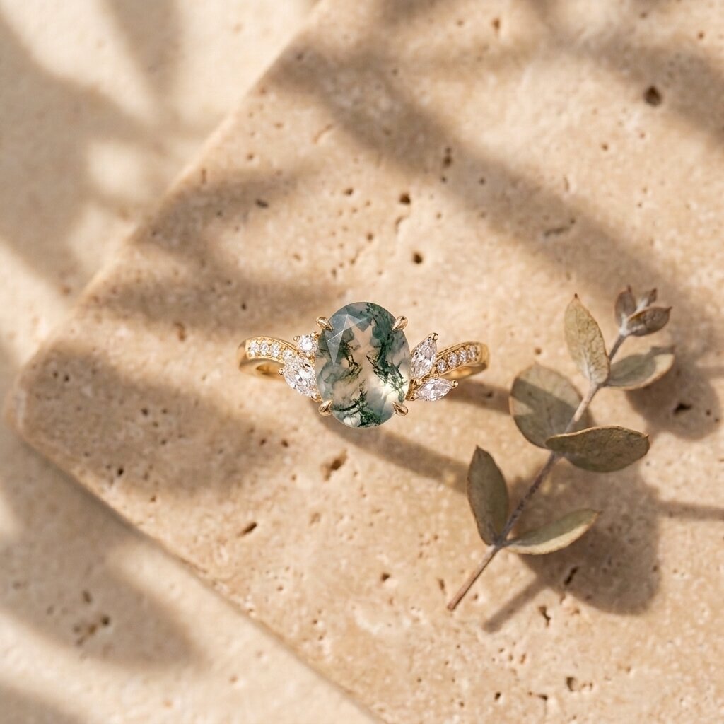 14k Solid Gold Oval-Cut Moss Agate Engagement Ring, Nature Inspired Ring, Diamond Leaf Promise Ring, Wedding Ring