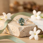14k Solid Gold Oval-Cut Moss Agate Engagement Ring, Nature Inspired Ring, Diamond Leaf Promise Ring, Wedding Ring