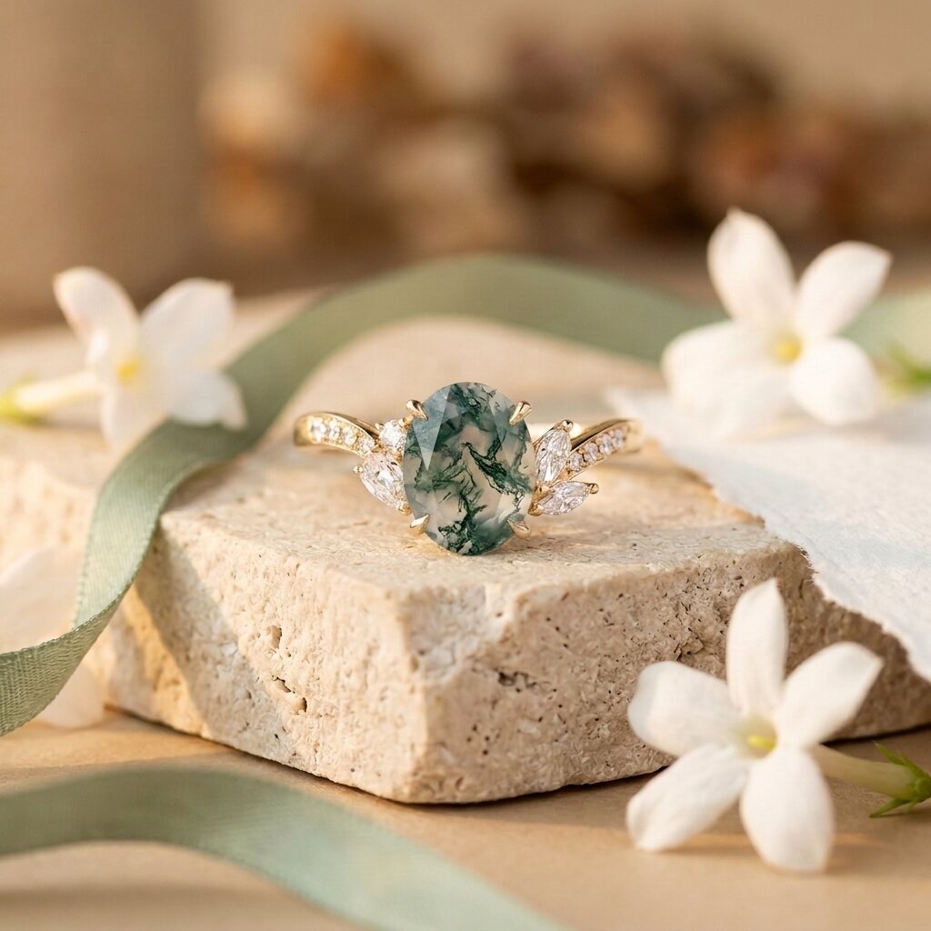 14k Solid Gold Oval-Cut Moss Agate Engagement Ring, Nature Inspired Ring, Diamond Leaf Promise Ring, Wedding Ring