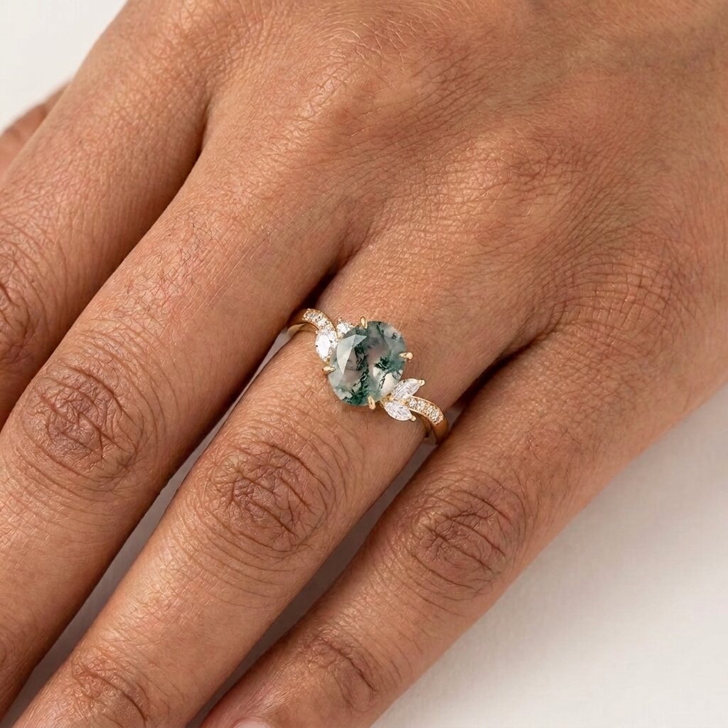 14k Solid Gold Oval-Cut Moss Agate Engagement Ring, Nature Inspired Ring, Diamond Leaf Promise Ring, Wedding Ring