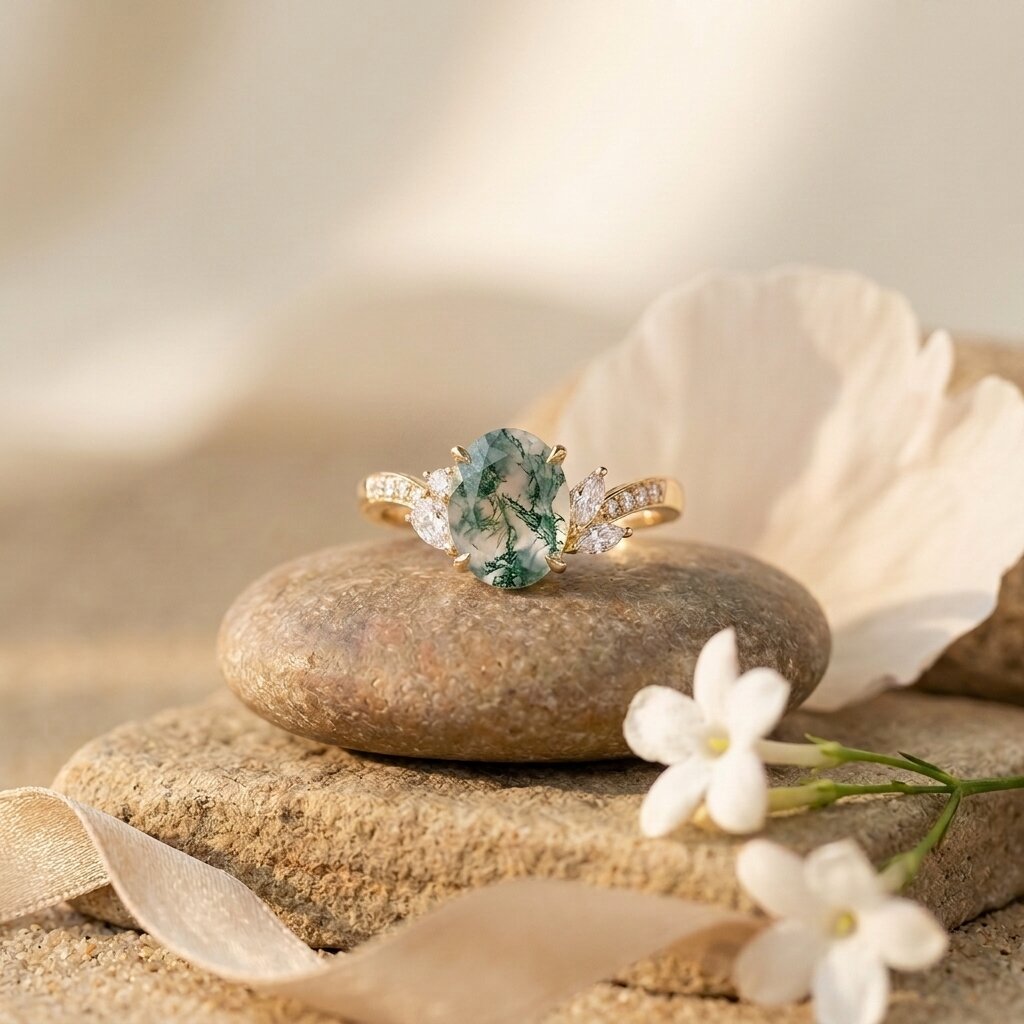 14k Solid Gold Oval-Cut Moss Agate Engagement Ring, Nature Inspired Ring, Diamond Leaf Promise Ring, Wedding Ring