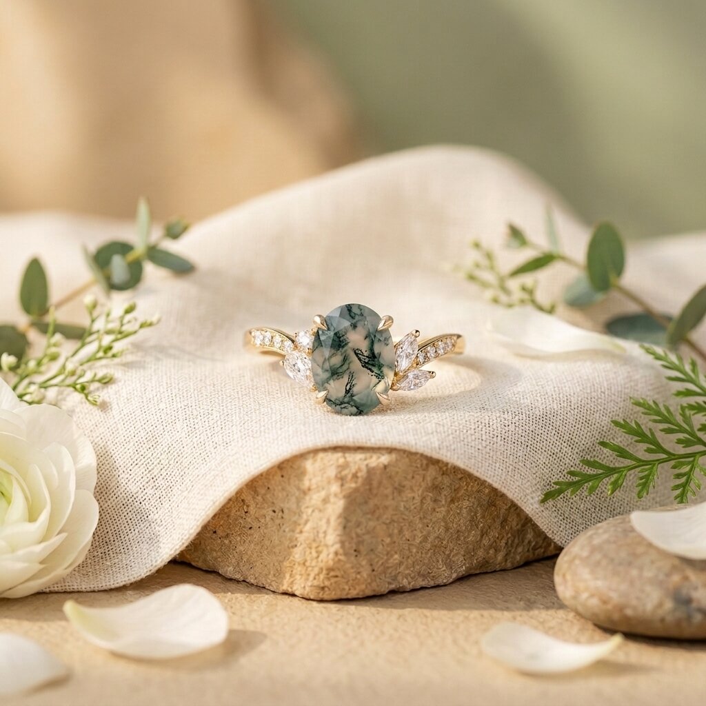 14k Solid Gold Oval-Cut Moss Agate Engagement Ring, Nature Inspired Ring, Diamond Leaf Promise Ring, Wedding Ring