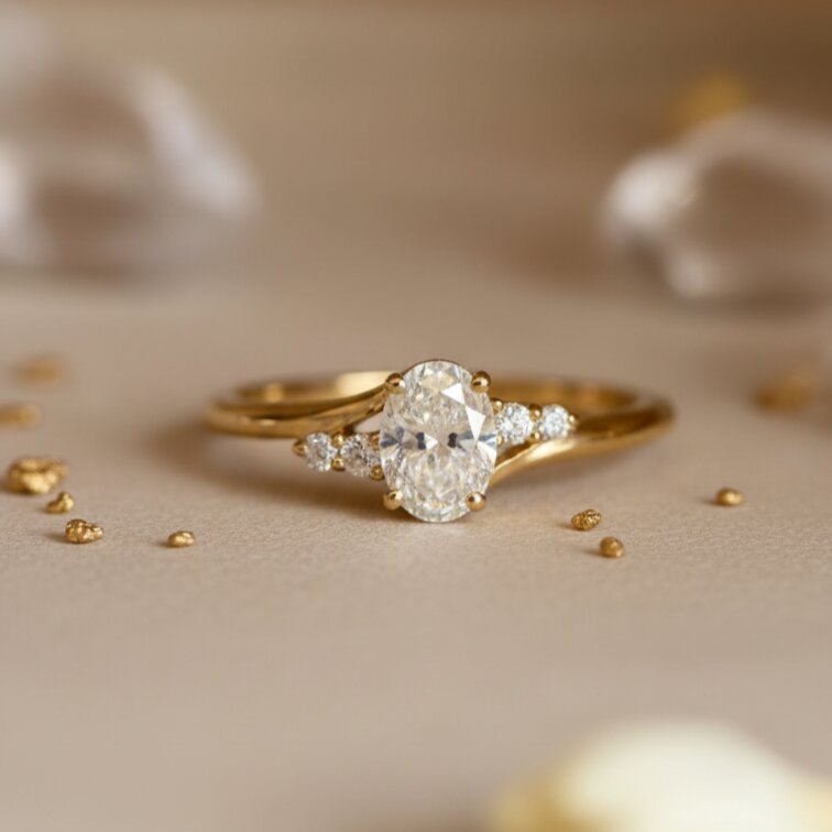Oval Cut Moissanite Engagement Ring, 14k Solid Gold, Split Shank Diamond Accents