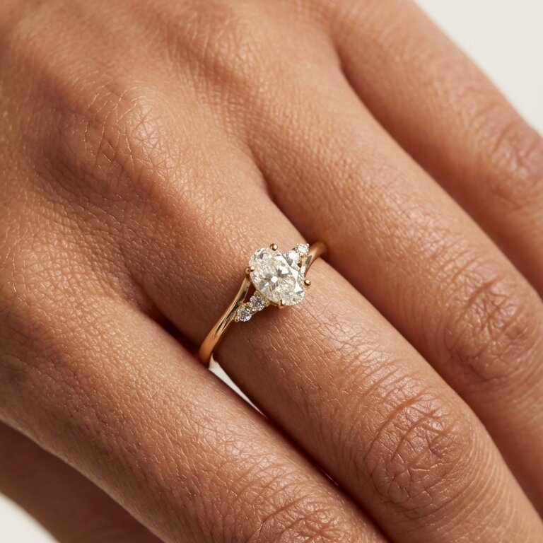 Oval Cut Moissanite Engagement Ring, 14k Solid Gold, Split Shank Diamond Accents