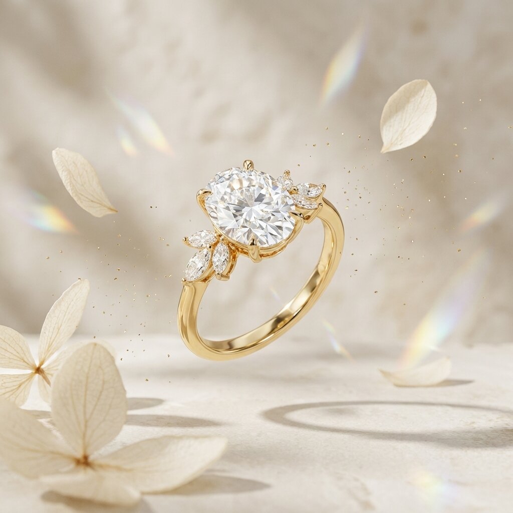 Oval Moissanite Floral Engagement Ring, Yellow Gold Cluster Diamond Ring