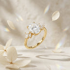 Oval Moissanite Floral Engagement Ring, Yellow Gold Cluster Diamond Ring