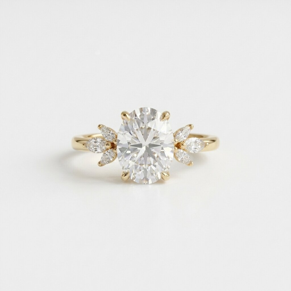 Oval Moissanite Floral Engagement Ring, Yellow Gold Cluster Diamond Ring