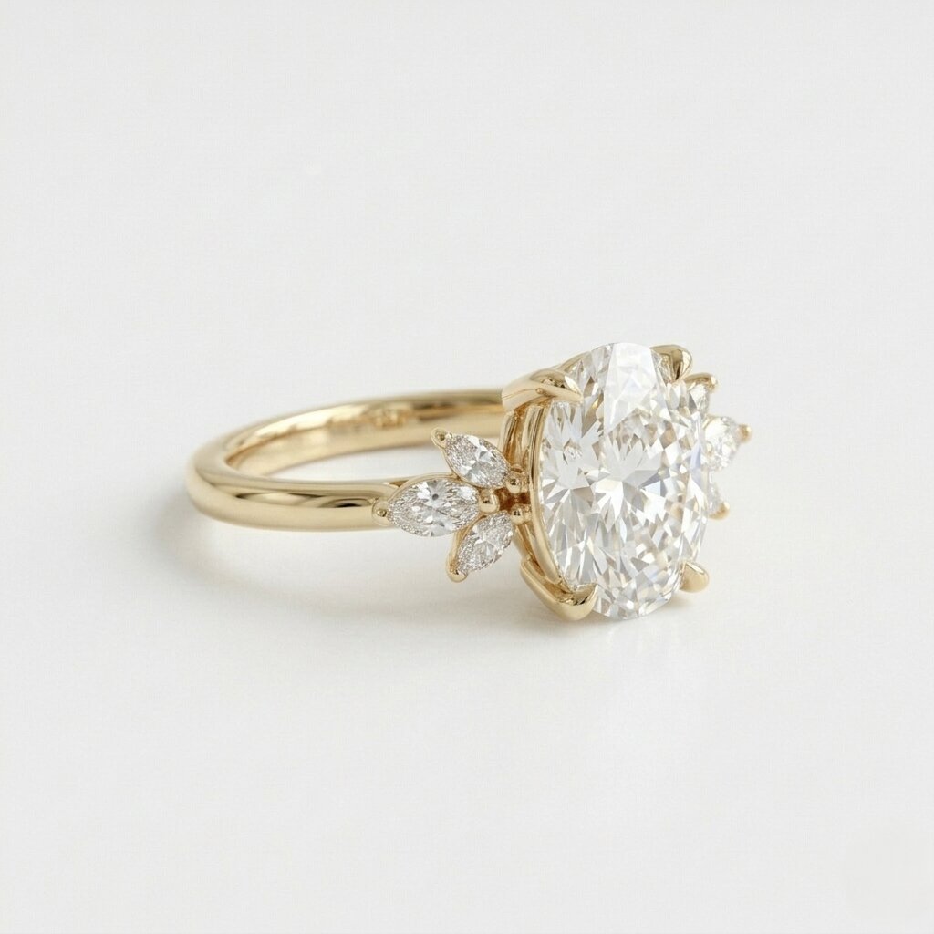 Oval Moissanite Floral Engagement Ring, Yellow Gold Cluster Diamond Ring