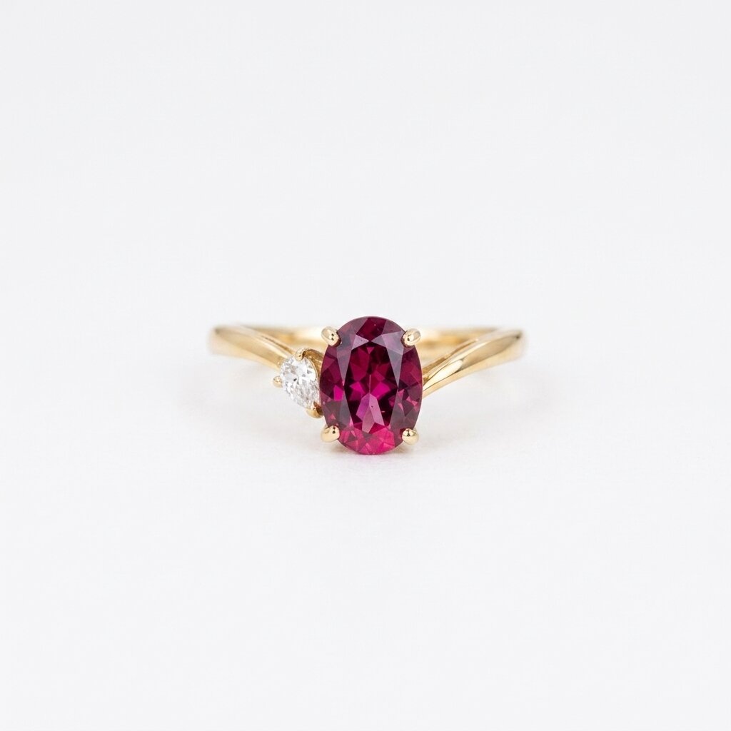 14K Gold Oval Garnet Moissanite Engagement Ring, Ruby Red Anniversary Promise Ring