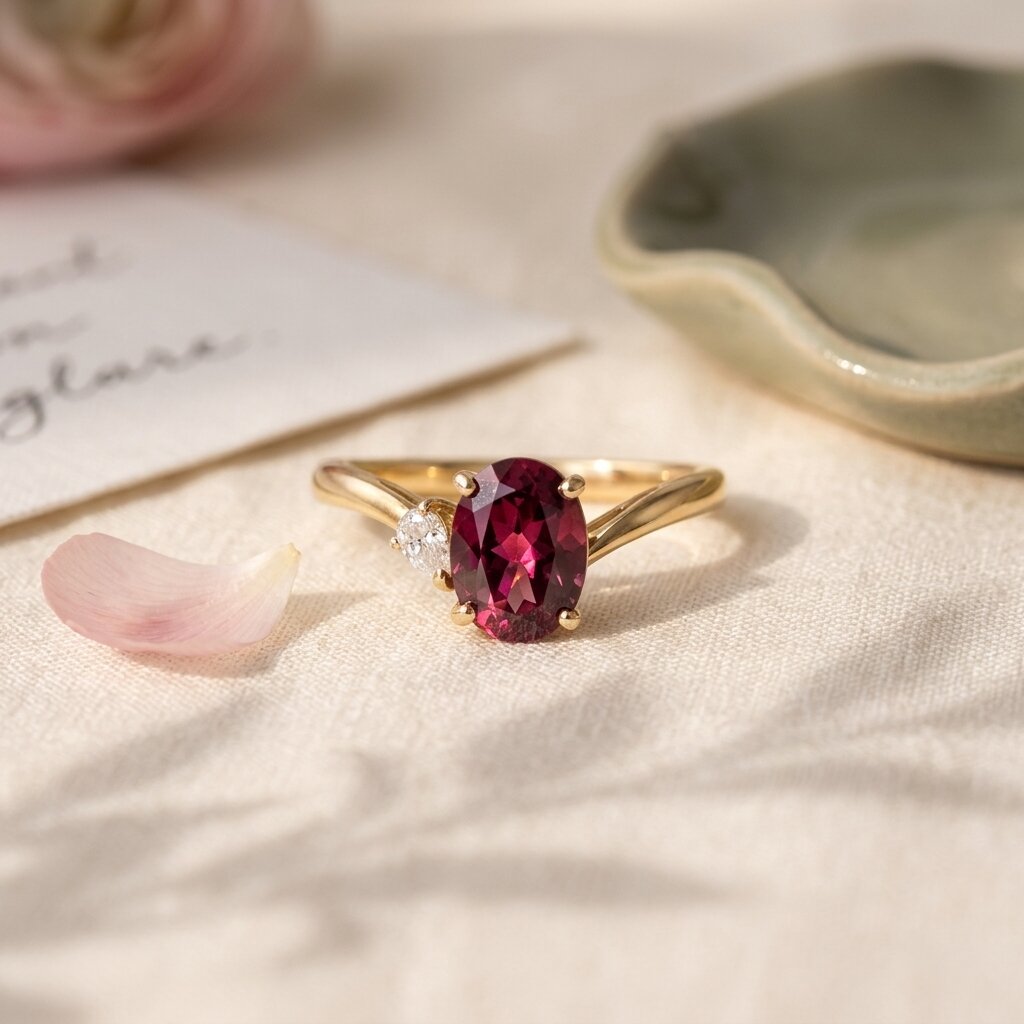 14K Gold Oval Garnet Moissanite Engagement Ring, Ruby Red Anniversary Promise Ring