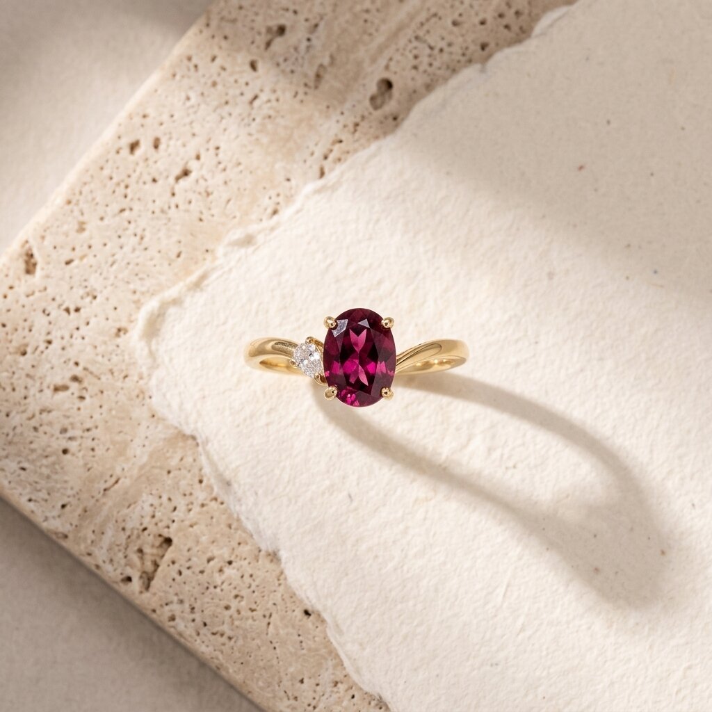 14K Gold Oval Garnet Moissanite Engagement Ring, Ruby Red Anniversary Promise Ring