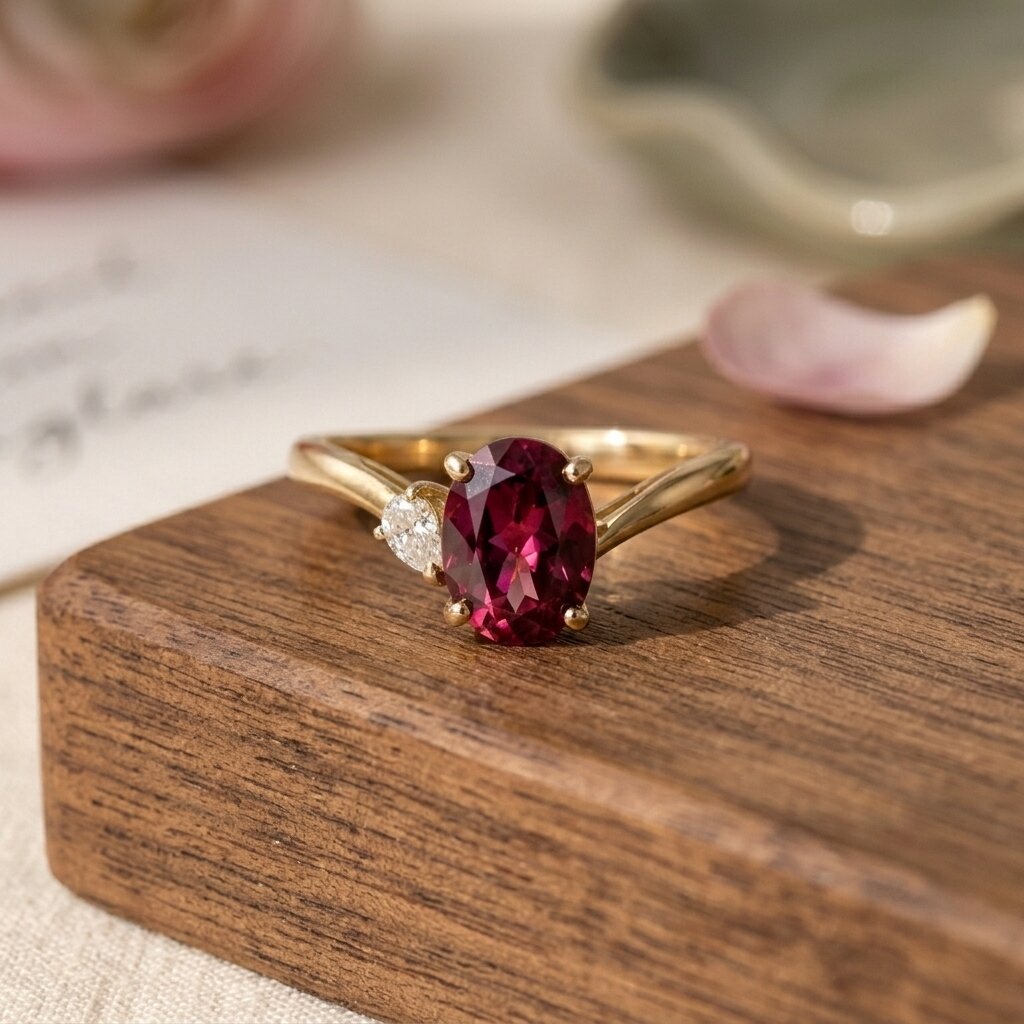 14K Gold Oval Garnet Moissanite Engagement Ring, Ruby Red Anniversary Promise Ring