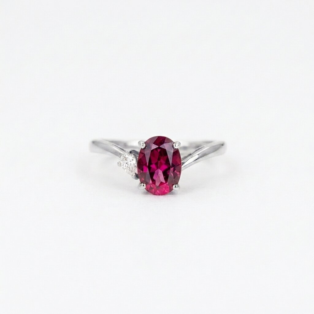 14K Gold Oval Garnet Moissanite Engagement Ring, Ruby Red Anniversary Promise Ring