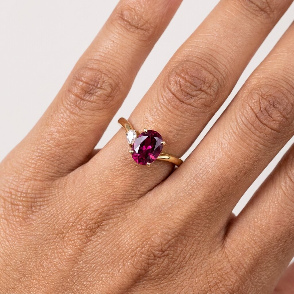 14K Gold Oval Garnet Moissanite Engagement Ring, Ruby Red Anniversary Promise Ring