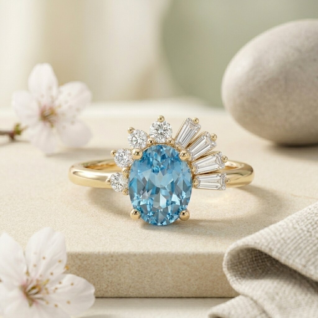 Oval Blue Topaz Sunburst Ring | Baguette Diamond Accents | Art Deco Engagement Ring