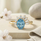 Oval Blue Topaz Sunburst Ring | Baguette Diamond Accents | Art Deco Engagement Ring