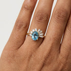 Oval Blue Topaz Sunburst Ring | Baguette Diamond Accents | Art Deco Engagement Ring