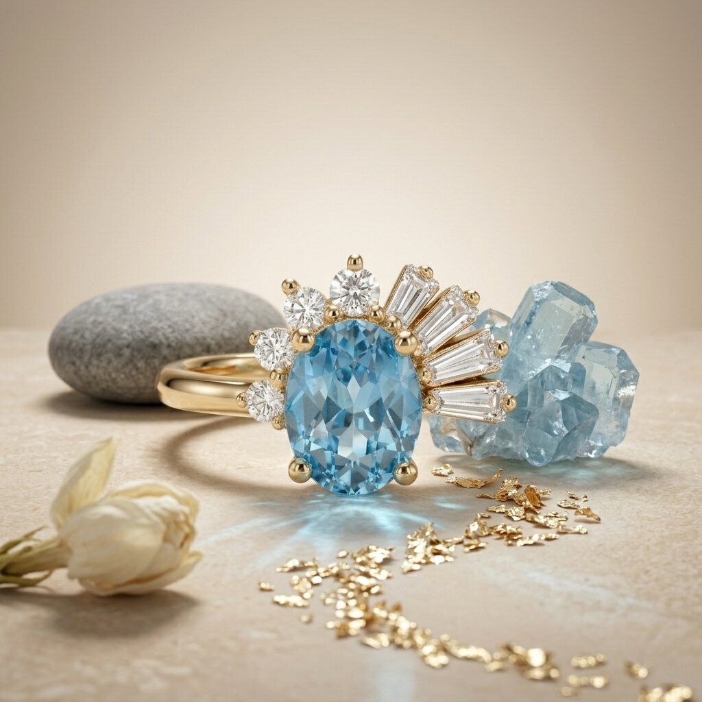 Oval Blue Topaz Sunburst Ring | Baguette Diamond Accents | Art Deco Engagement Ring