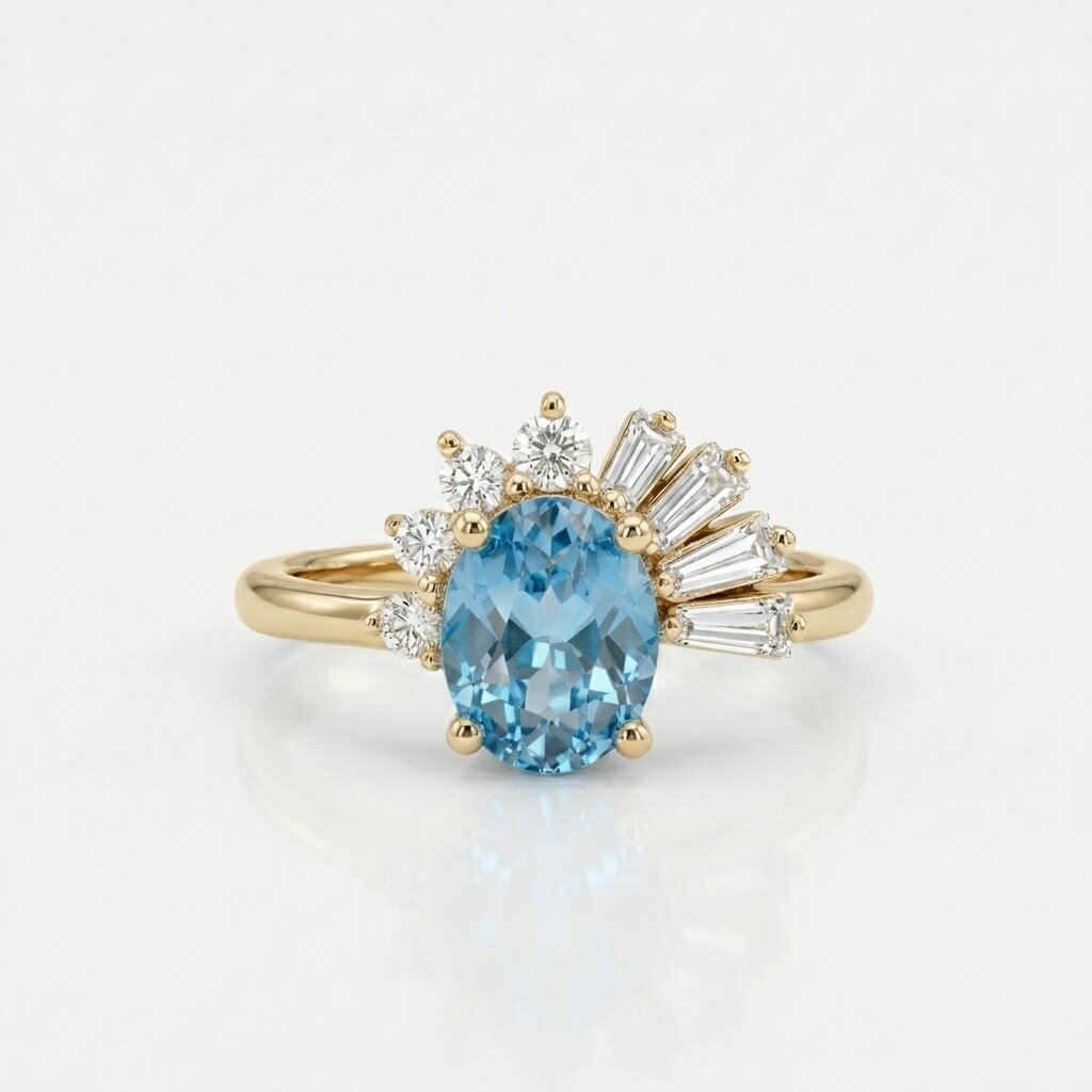 Oval Blue Topaz Sunburst Ring | Baguette Diamond Accents | Art Deco Engagement Ring