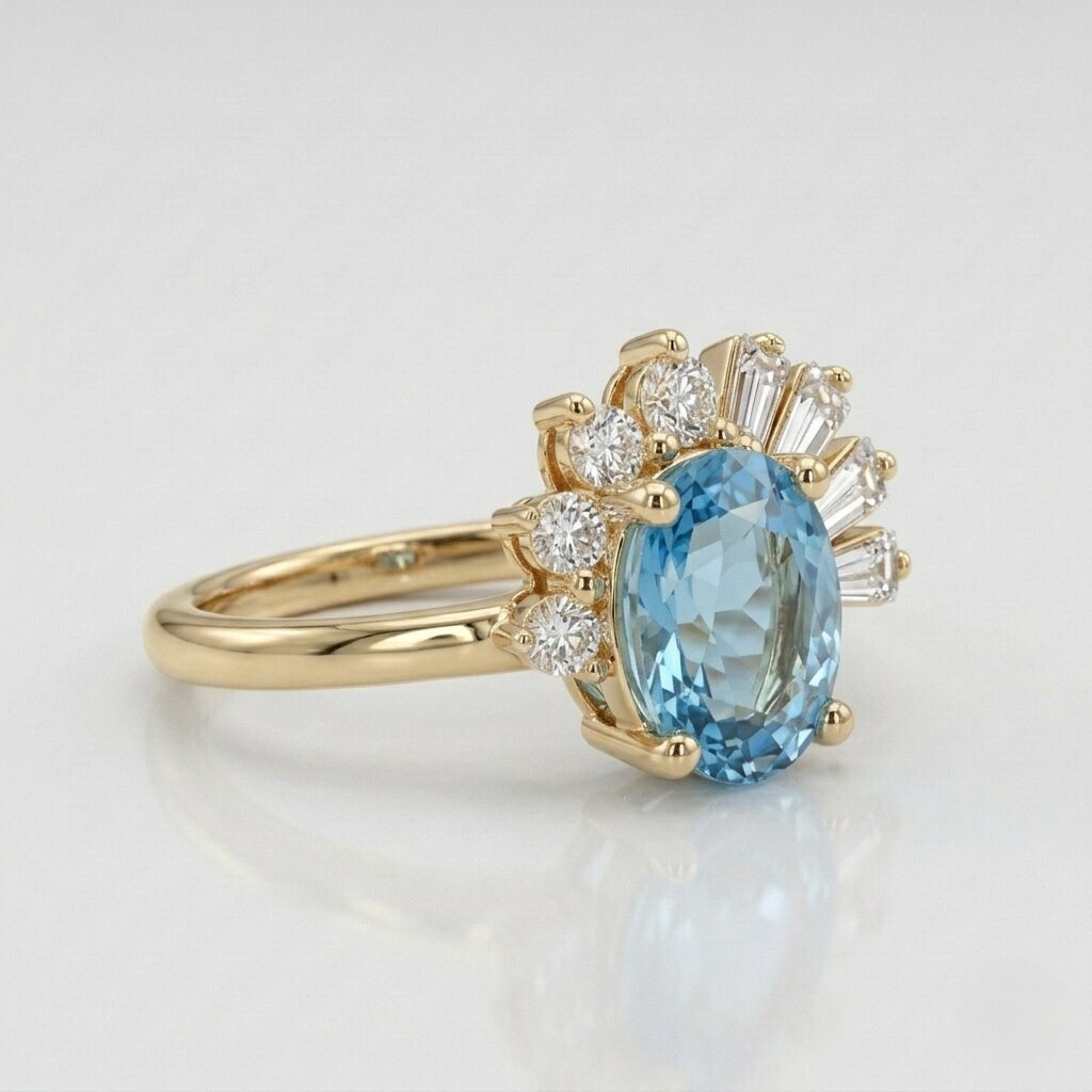 Oval Blue Topaz Sunburst Ring | Baguette Diamond Accents | Art Deco Engagement Ring