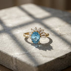 Oval Blue Topaz Sunburst Ring | Baguette Diamond Accents | Art Deco Engagement Ring