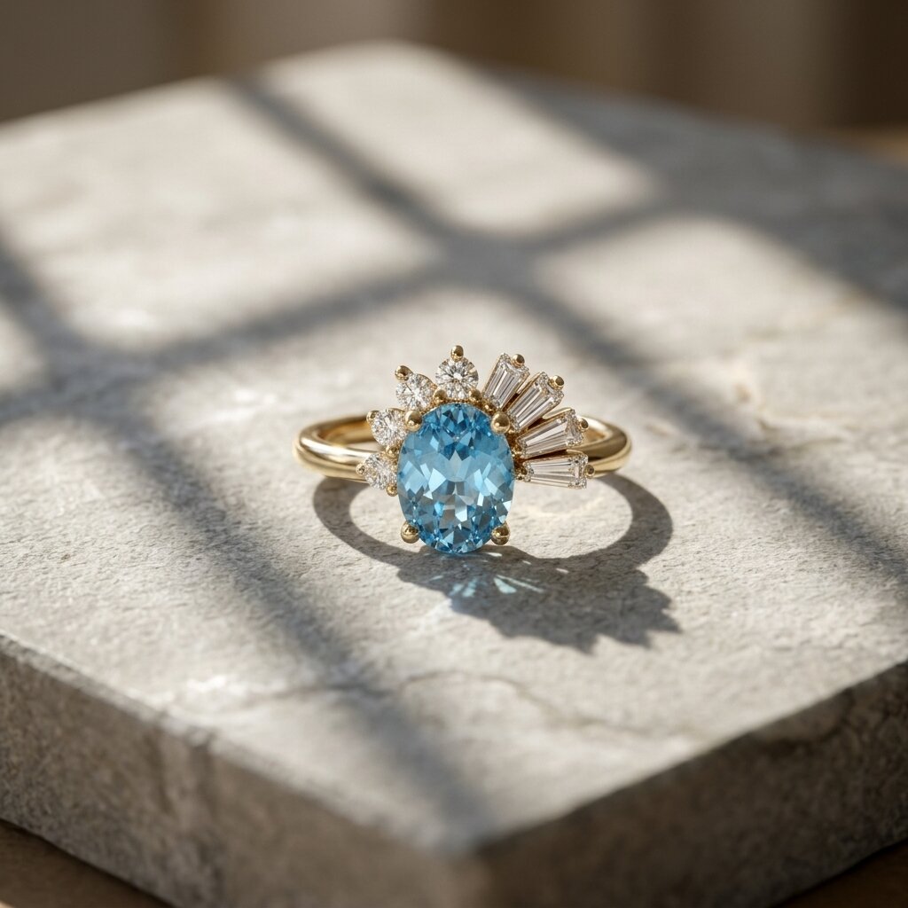 Oval Blue Topaz Sunburst Ring | Baguette Diamond Accents | Art Deco Engagement Ring
