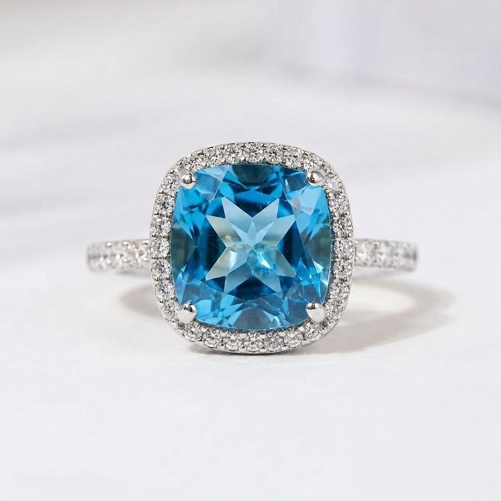 Cushion Cut Blue Topaz Halo Engagement Ring, Moissanite Accents, Statement Bridal Jewelry