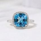 Cushion Cut Blue Topaz Halo Engagement Ring, Moissanite Accents, Statement Bridal Jewelry