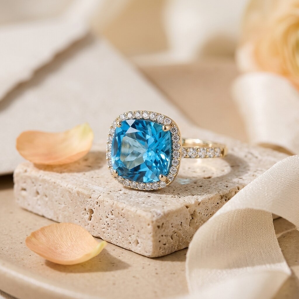 Cushion Cut Blue Topaz Halo Engagement Ring, Moissanite Accents, Statement Bridal Jewelry
