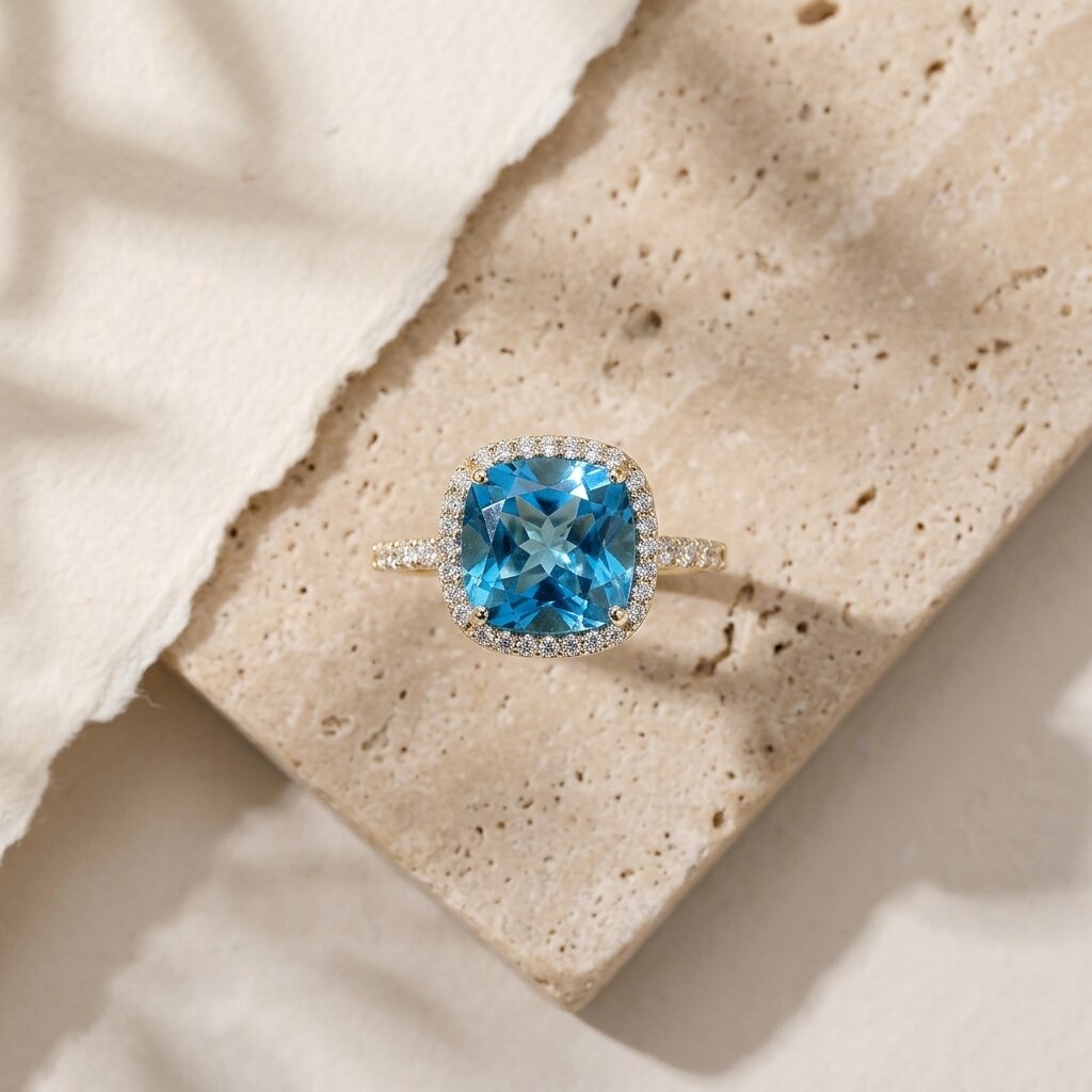 Cushion Cut Blue Topaz Halo Engagement Ring, Moissanite Accents, Statement Bridal Jewelry